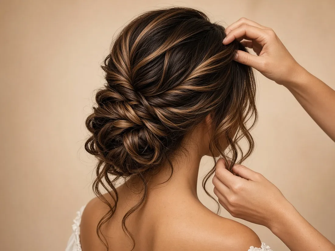 Stylist arranging a soft bridal updo