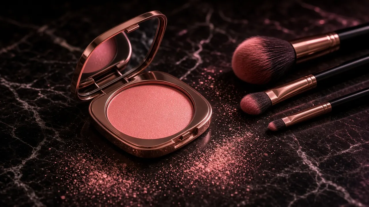 Rose-gold blush compact and brushes on dark marble